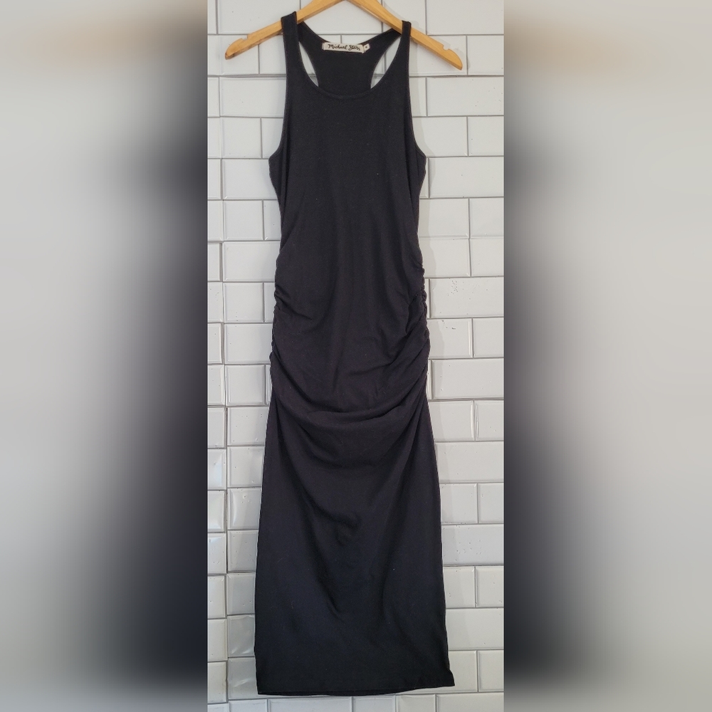 Michael Stars Ladies Black Sleeveless Racerback Tank Dress Midi Length Ruched Wa